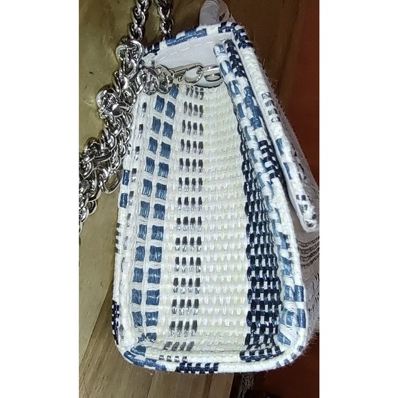 Teal Blue & Cream Stripe, Faux Rattan Square Mini Crossbody Purse - Picture 6 of 10